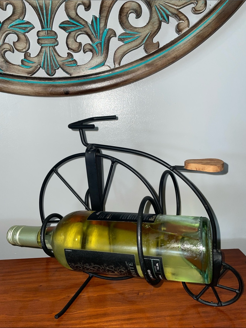 Vintage Metal Bicycle 2 Bottle Wine Holder Rack Black Wire Bike Wood Seat